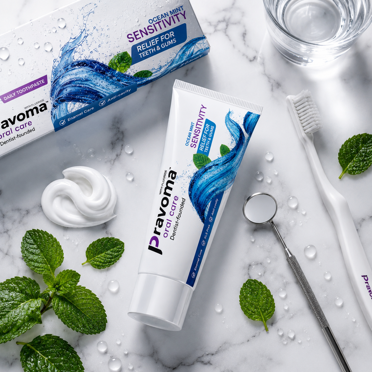 Pravoma Oral Care toothpaste tube with a dental mirror, toothbrush and mint leaves on marble
