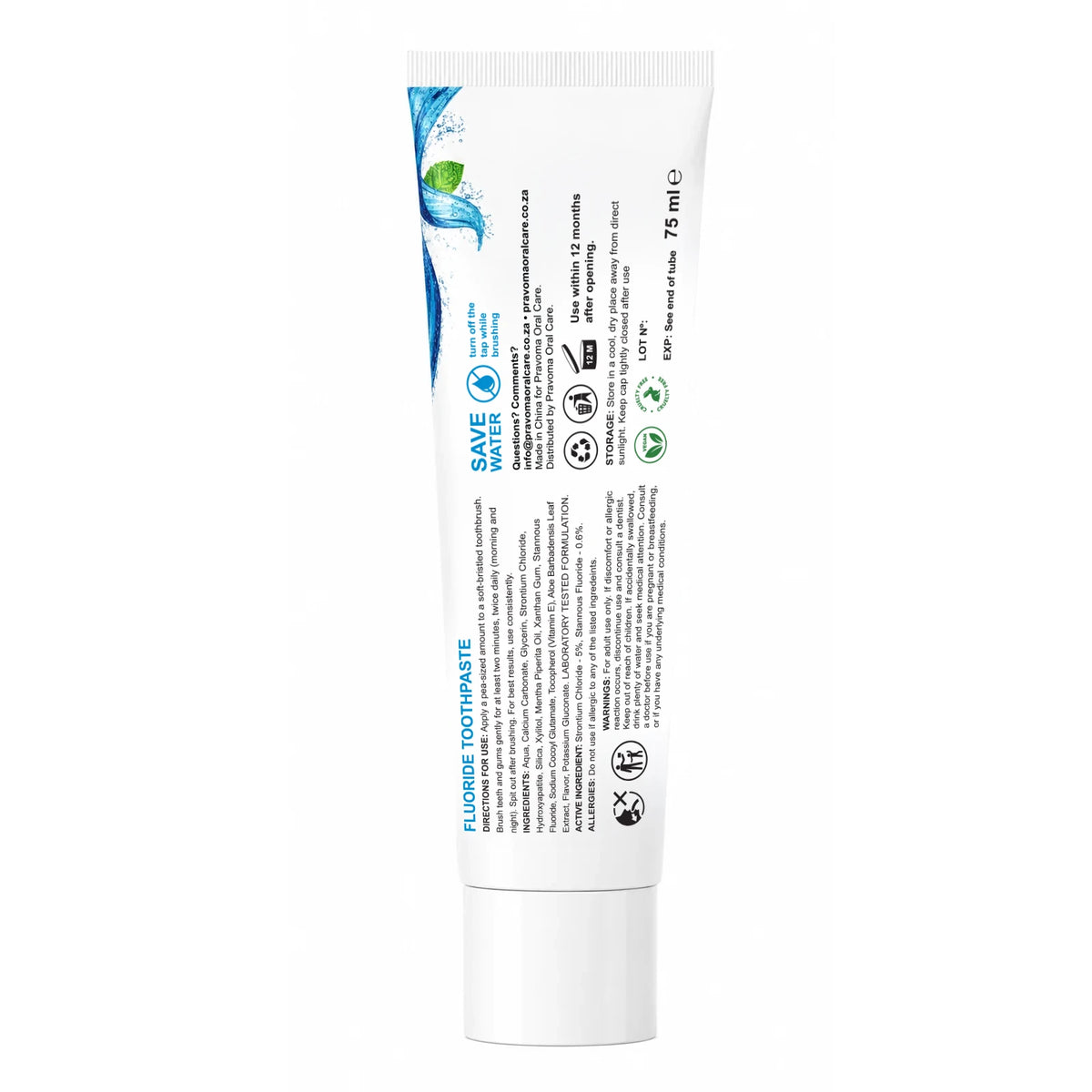 Pravoma Oral Care Ocean Mint Sensitivity toothpaste tube, back panel with directions for use