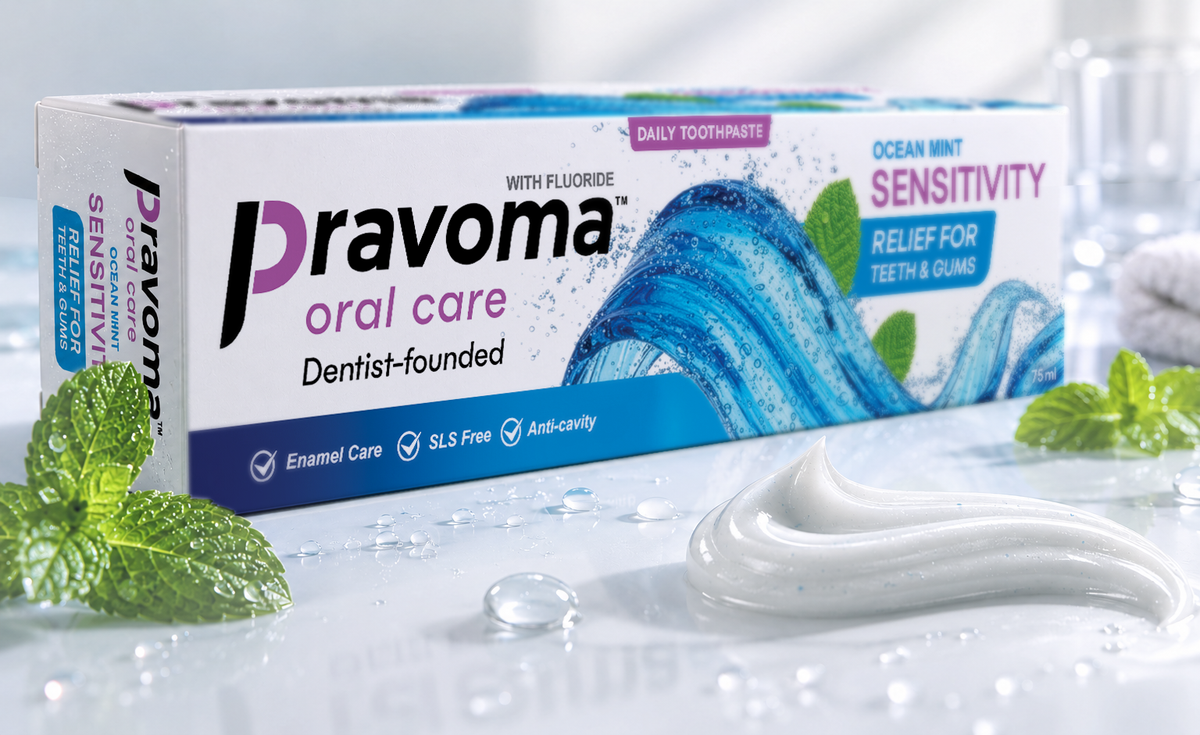 Pravoma Oral Care toothpaste box with a swirl of toothpaste in the foreground