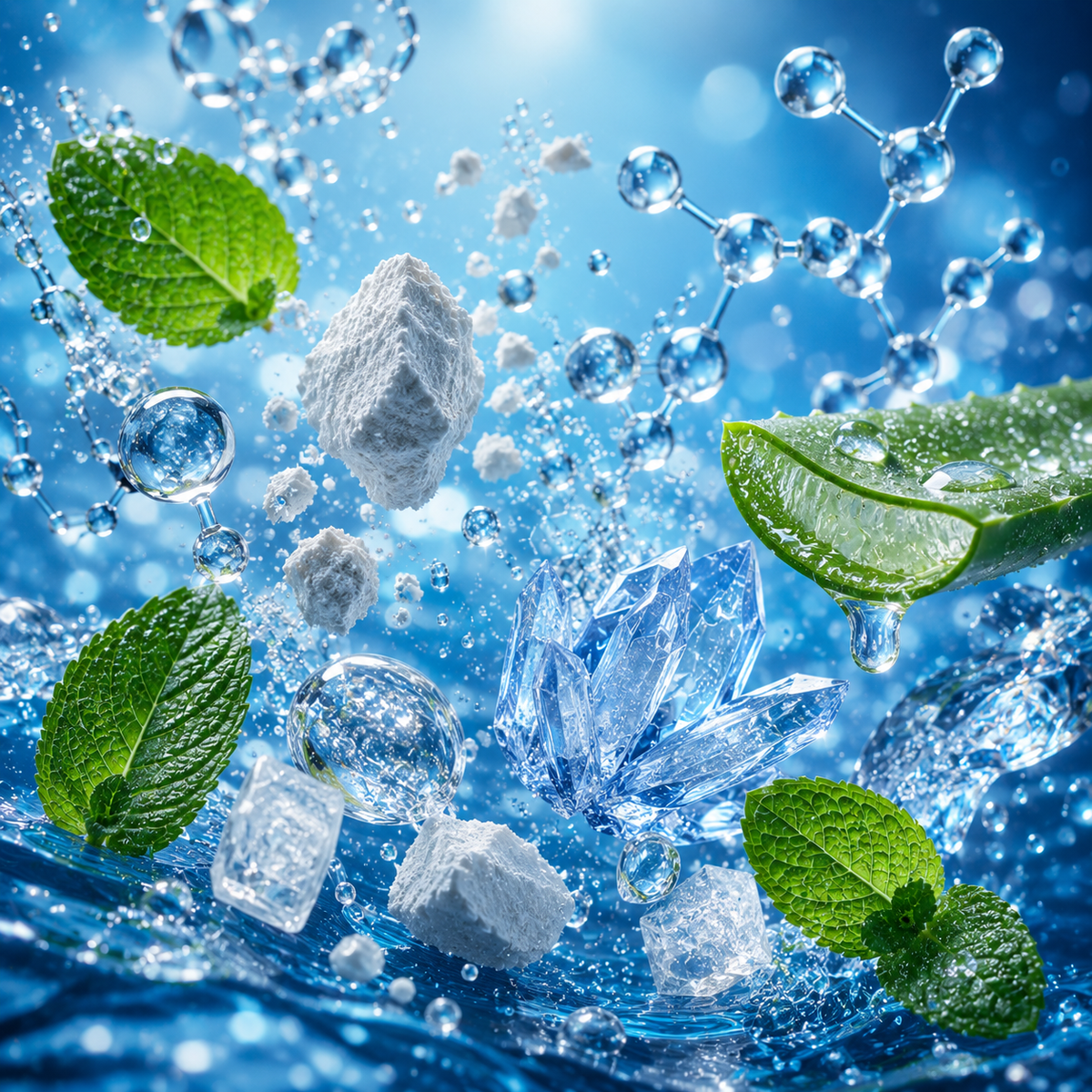 Mint leaves, ice crystals and a molecular structure diagram with an aloe vera leaf, representing Pravoma's toothpaste ingredients