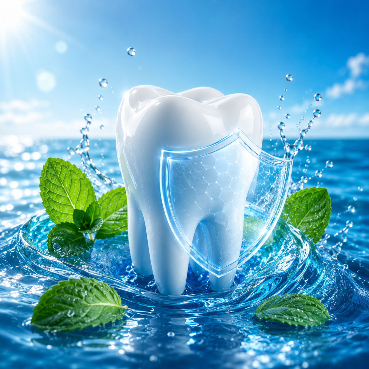 3D rendered tooth protected by a translucent shield, surrounded by mint leaves and splashing ocean water