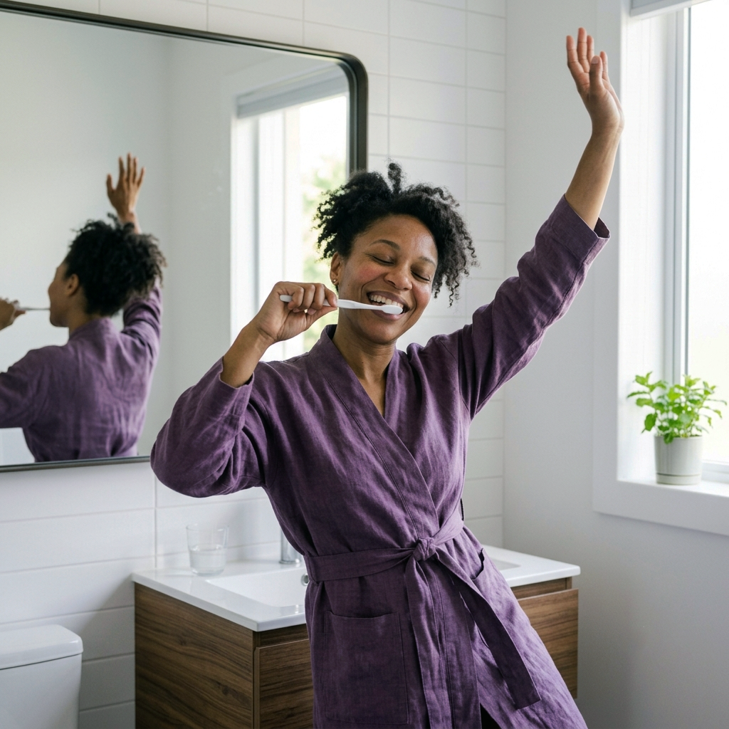 Woman in a purple robe smiling and brushing her teeth in front of a bathroom mirror with her arm raised