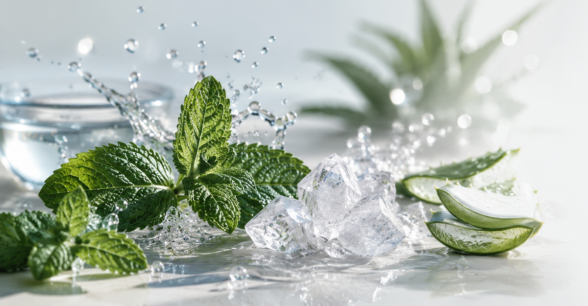 Fresh mint leaves, ice and aloe vera with water splashing, representing Pravoma's toothpaste ingredients