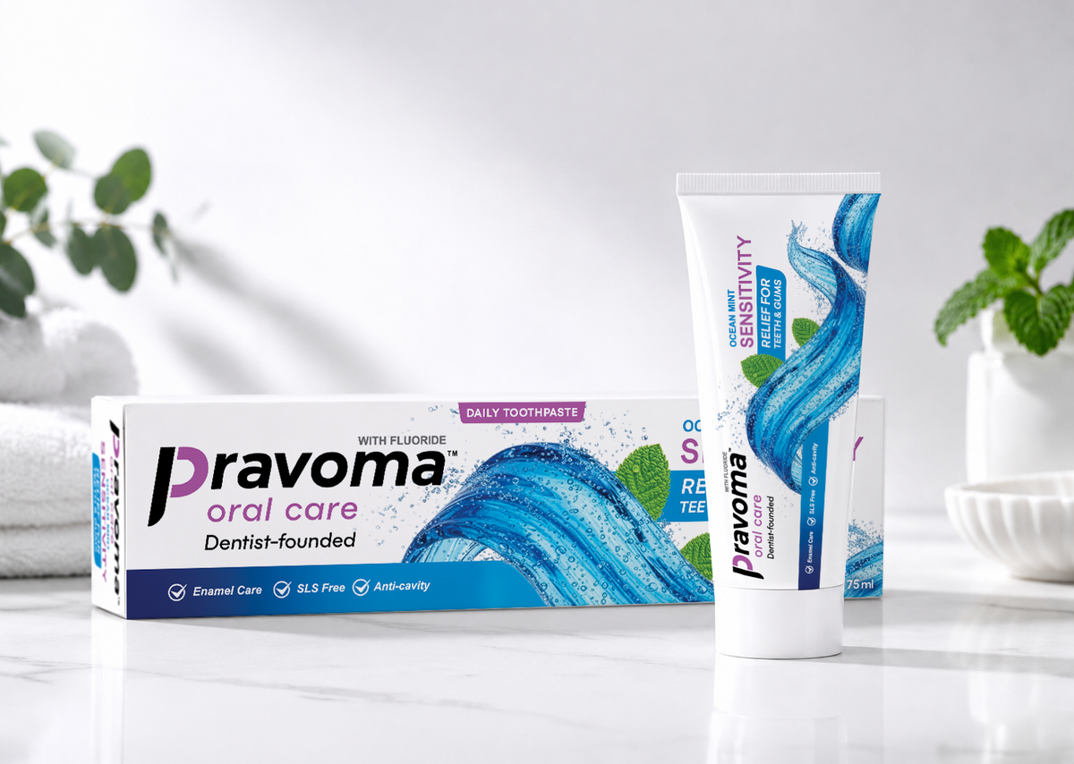 Pravoma Oral Care Ocean Mint Sensitivity toothpaste box and tube on a white marble surface