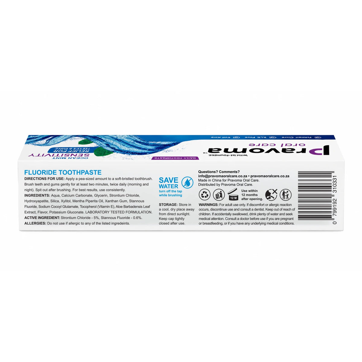 Pravoma Oral Care Ocean Mint Sensitivity toothpaste box, back panel showing ingredients and barcode