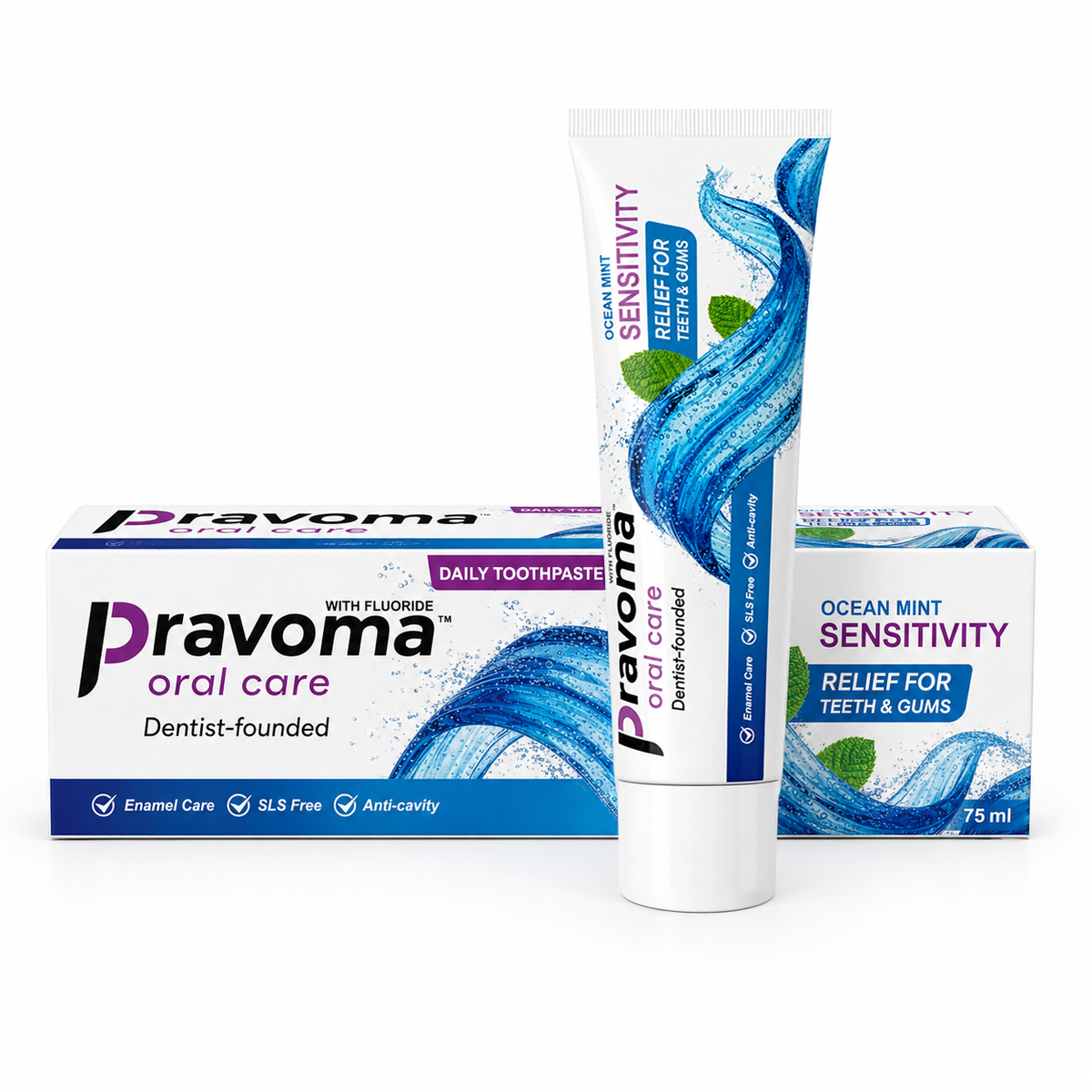 Pravoma Oral Care Ocean Mint Sensitivity toothpaste tube and box, dentist-founded formula for sensitive teeth and gums