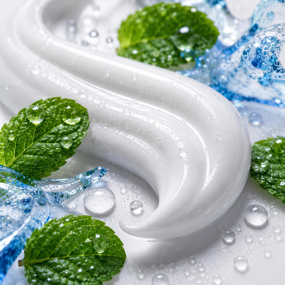 Close-up of Pravoma toothpaste texture with mint leaves and water droplets
